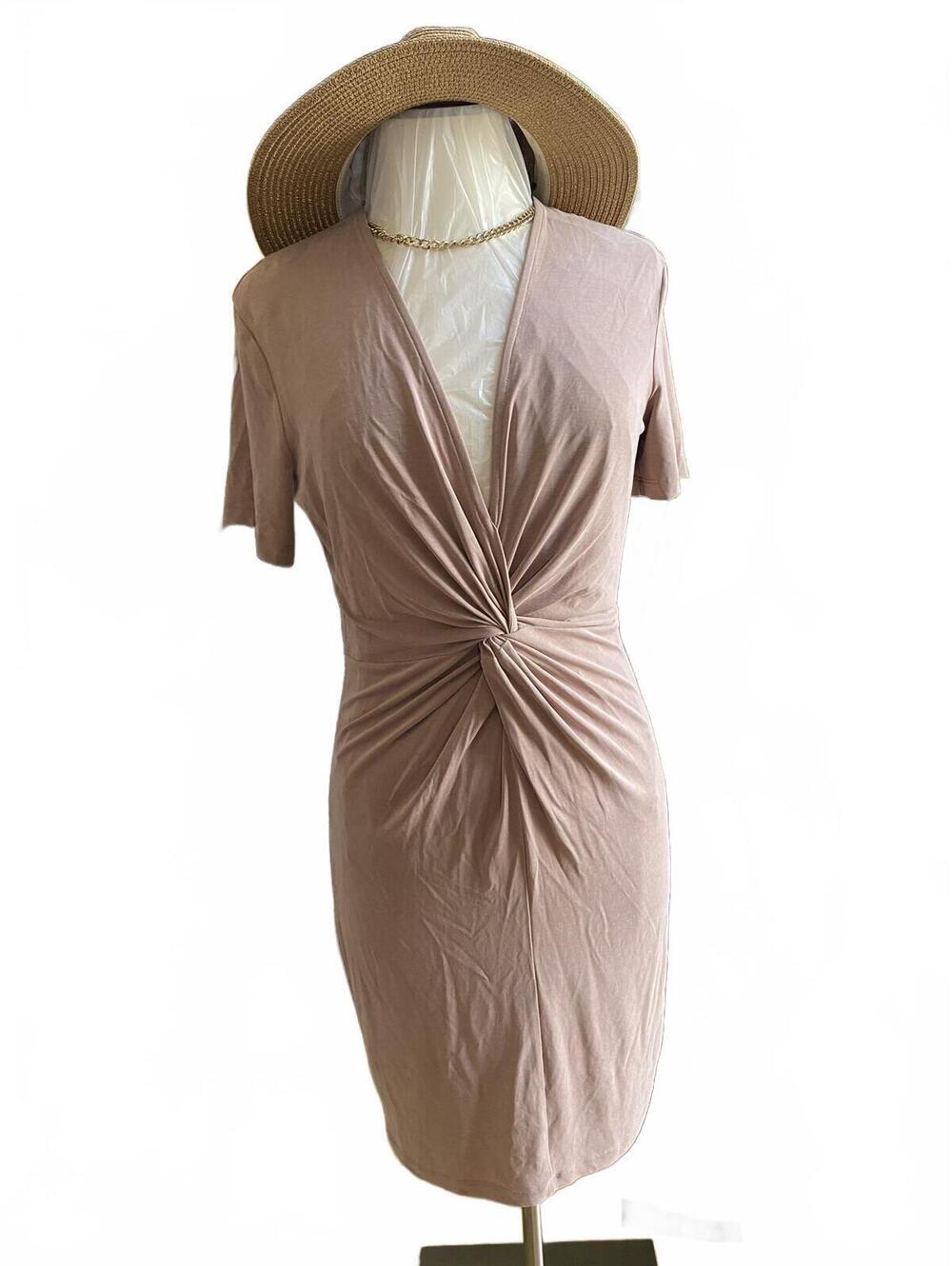 H&M Knot Front Short Sleeve Midi Dress Beige Medium